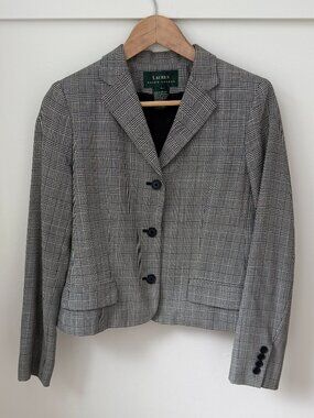 LAUREN RALPH LAUREN Glen Plaid Tweed Blazer Cropped Jacket Houndstooth